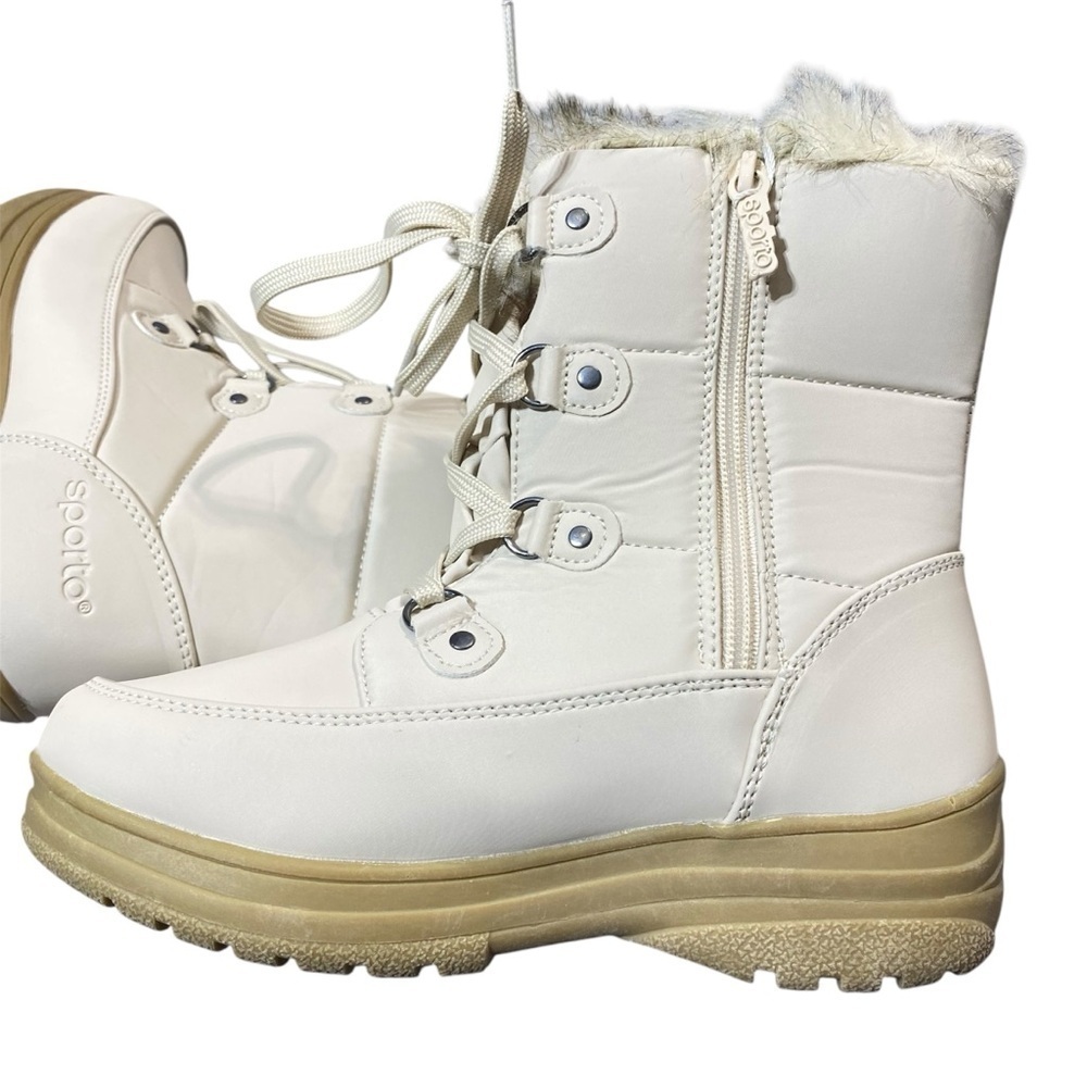 Sporto Boots Womens 6M Cream Winter Snow Boot Apres Side Zip Waterproof Faux Fur - Picture 3 of 13